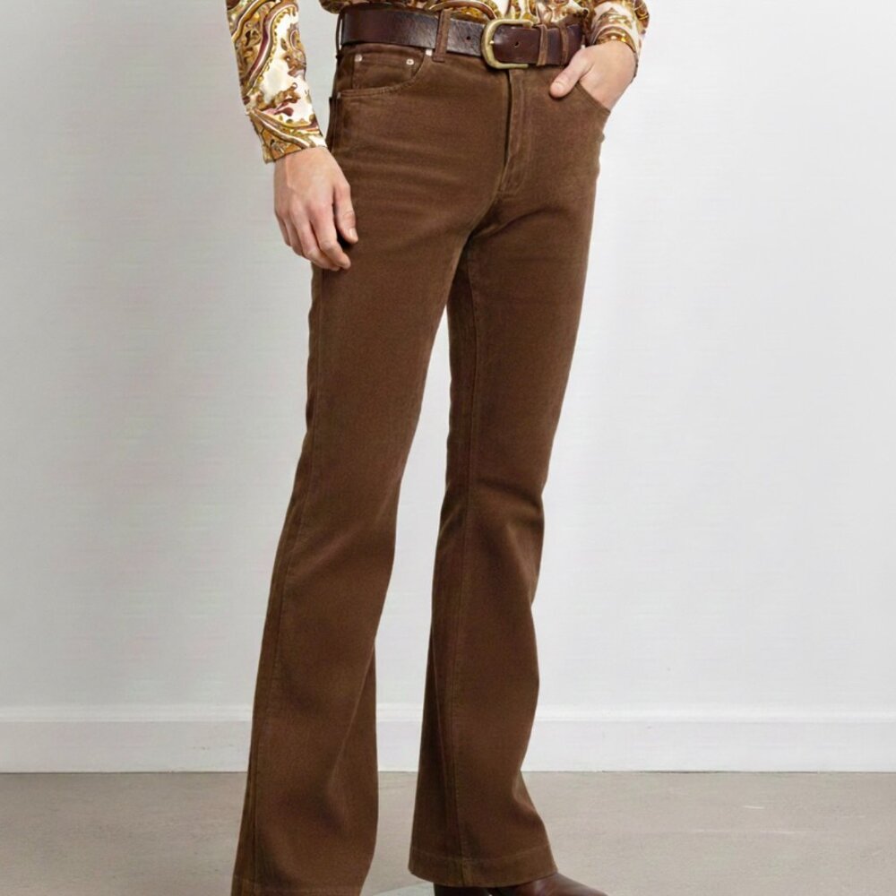 Vintage 1970 Brown Suede‎ Leather Paisley Lined Bell Bottom Pants